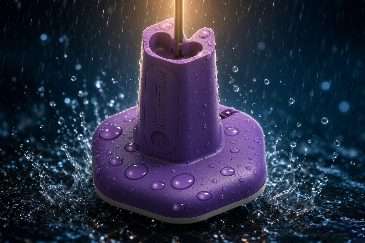 A FREE SUN solar lantern hanging in the rain — IP67 waterproof