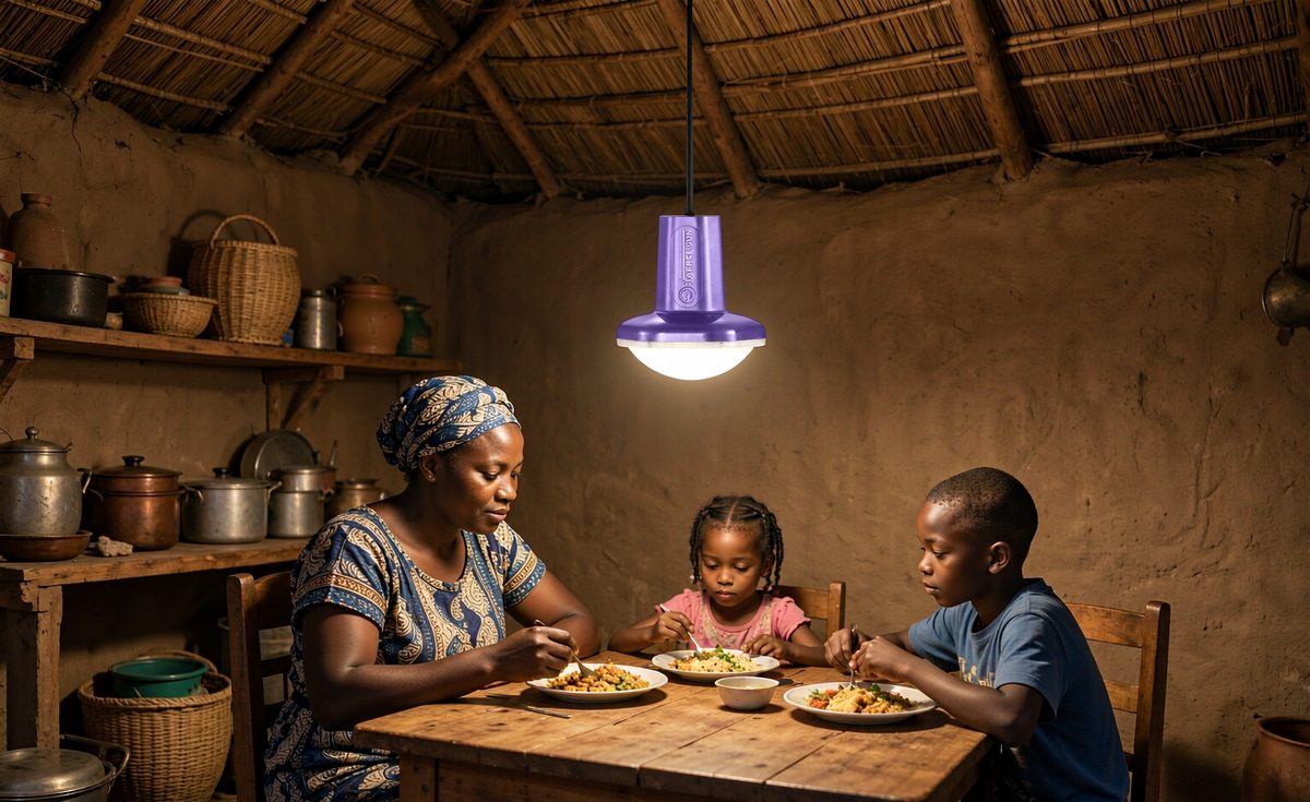 Family home in the evening lit by an A FREE SUN solar lantern