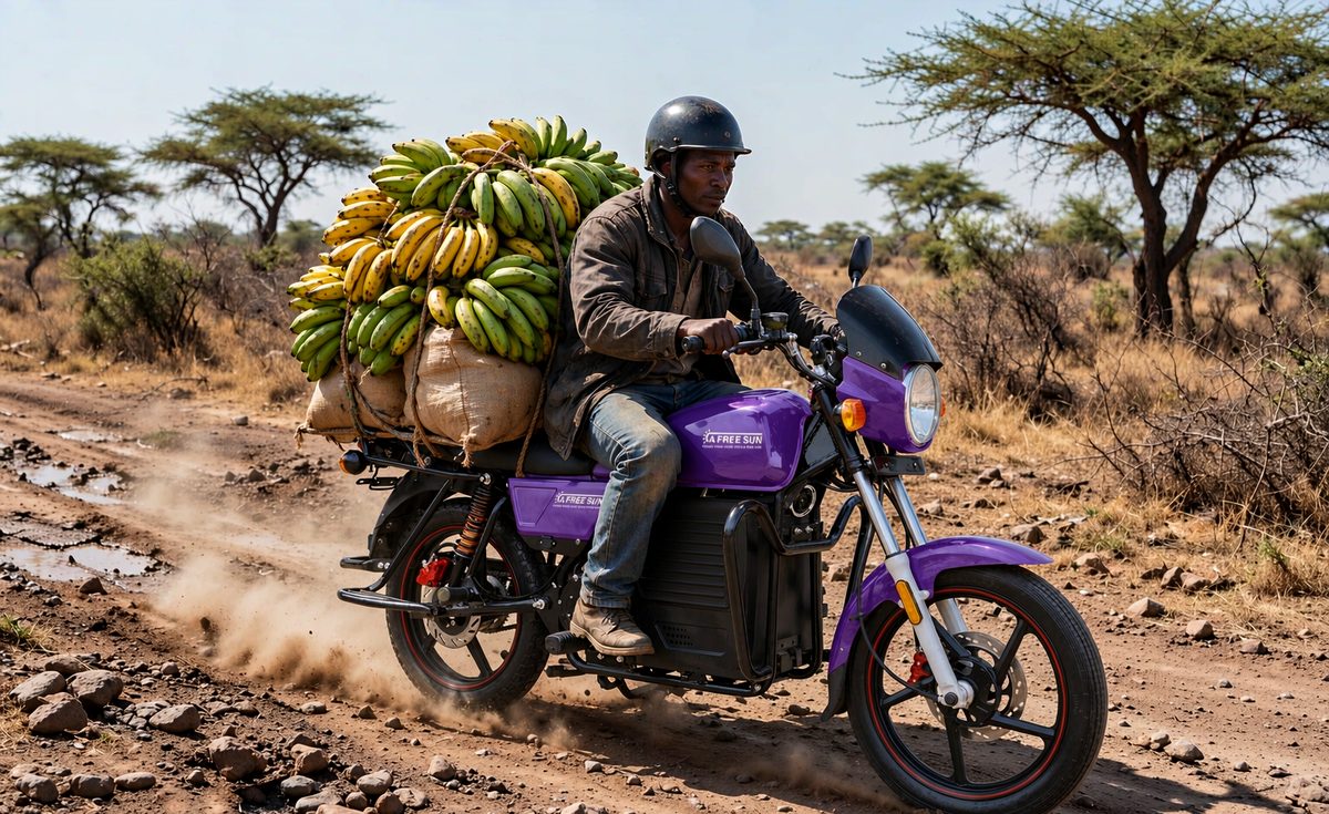 Swapgo-1 carrying a heavy load of bananas on a rough rural road