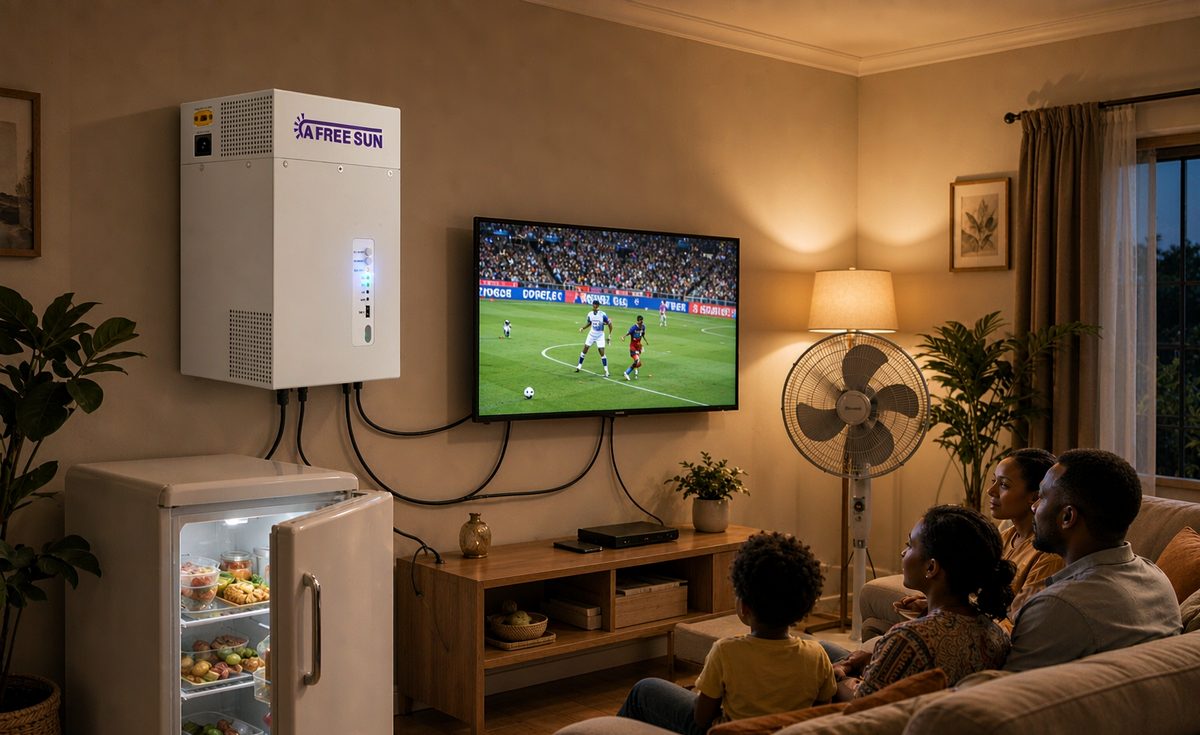 SUNBANK powering a family home — fridge, TV and fan